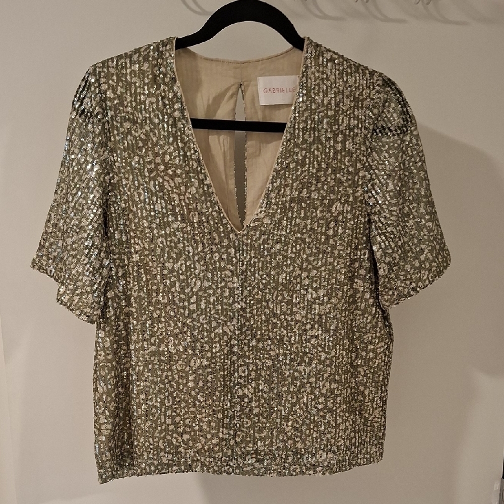 Gabrielle Women's Sage/Pistachio Green Leopard Print Sequin V-Neck Top (Size S)